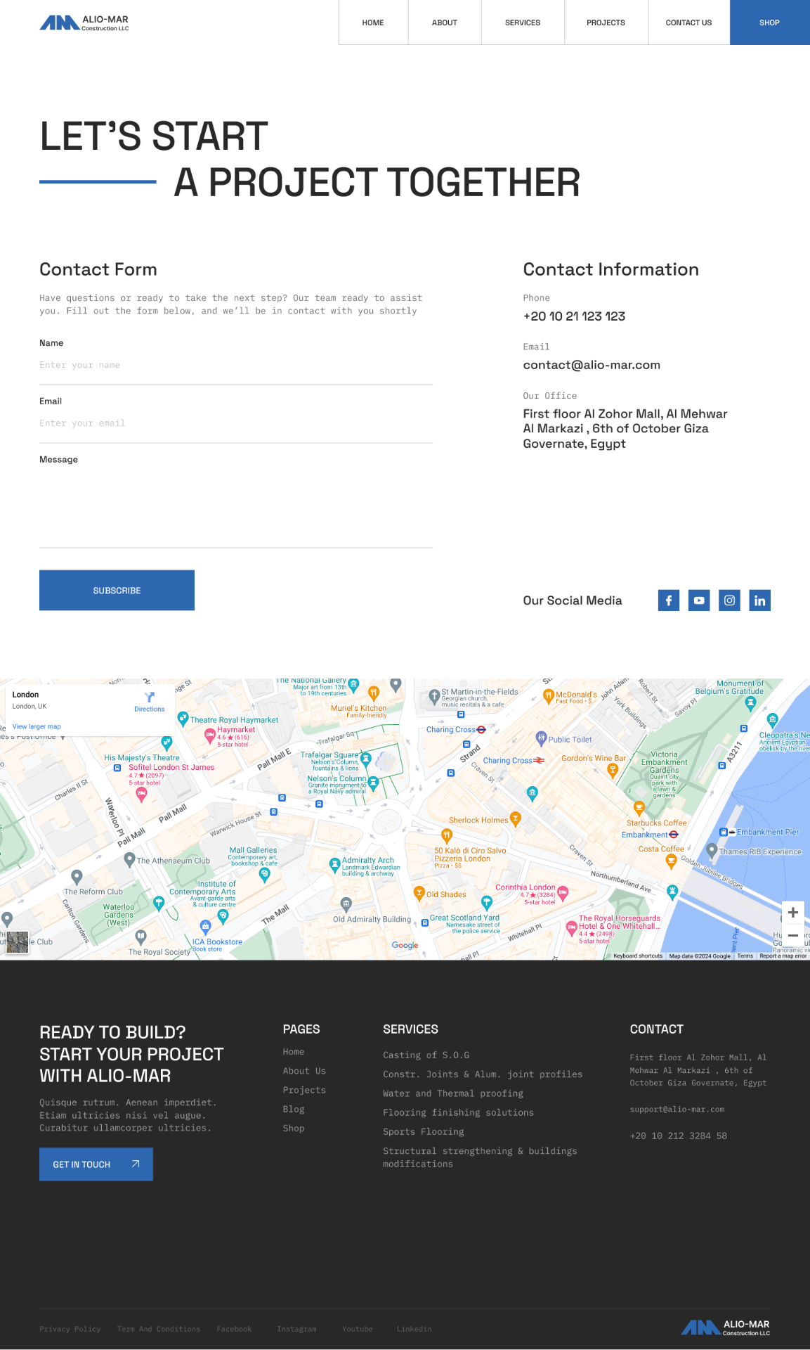 Contact — 'Let's start / a project together' split title, a three-field form on the left (Name / Email / Message), Contact Information on the right (Phone, Email, Office address), social media chips, and a live map anchoring the office in Cairo. The site ends where a deal begins.