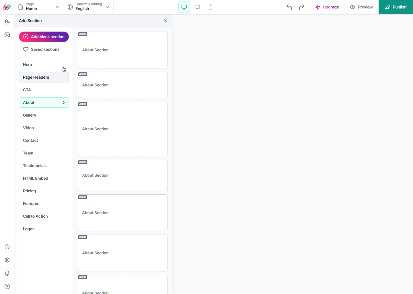 Add Section panel — a categorized library (Hero, Page Headers, CTA, About, Gallery, Video, Contact, Team, Testimonials, HTML Embed, Pricing, Features, Call to Action, Logos) with pre-built variants.