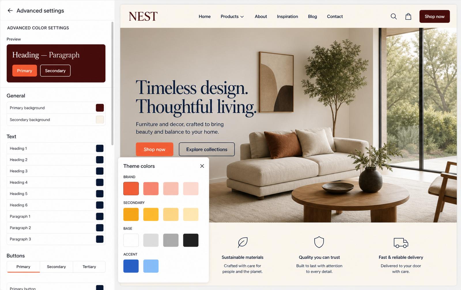 Advanced settings — per-heading text colors, background pairs, and a theme-colors picker overlay.