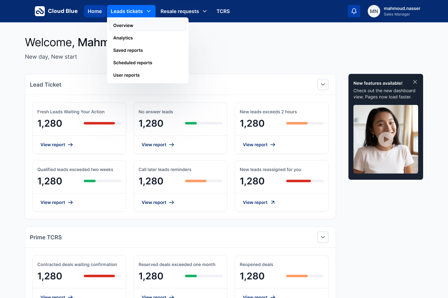 Home — Leads tickets tab open. The primary nav item drops a five-item menu (Overview · Analytics · Saved reports · Scheduled reports · User reports) so navigation between sub-pages happens in one tap without leaving the dashboard context.