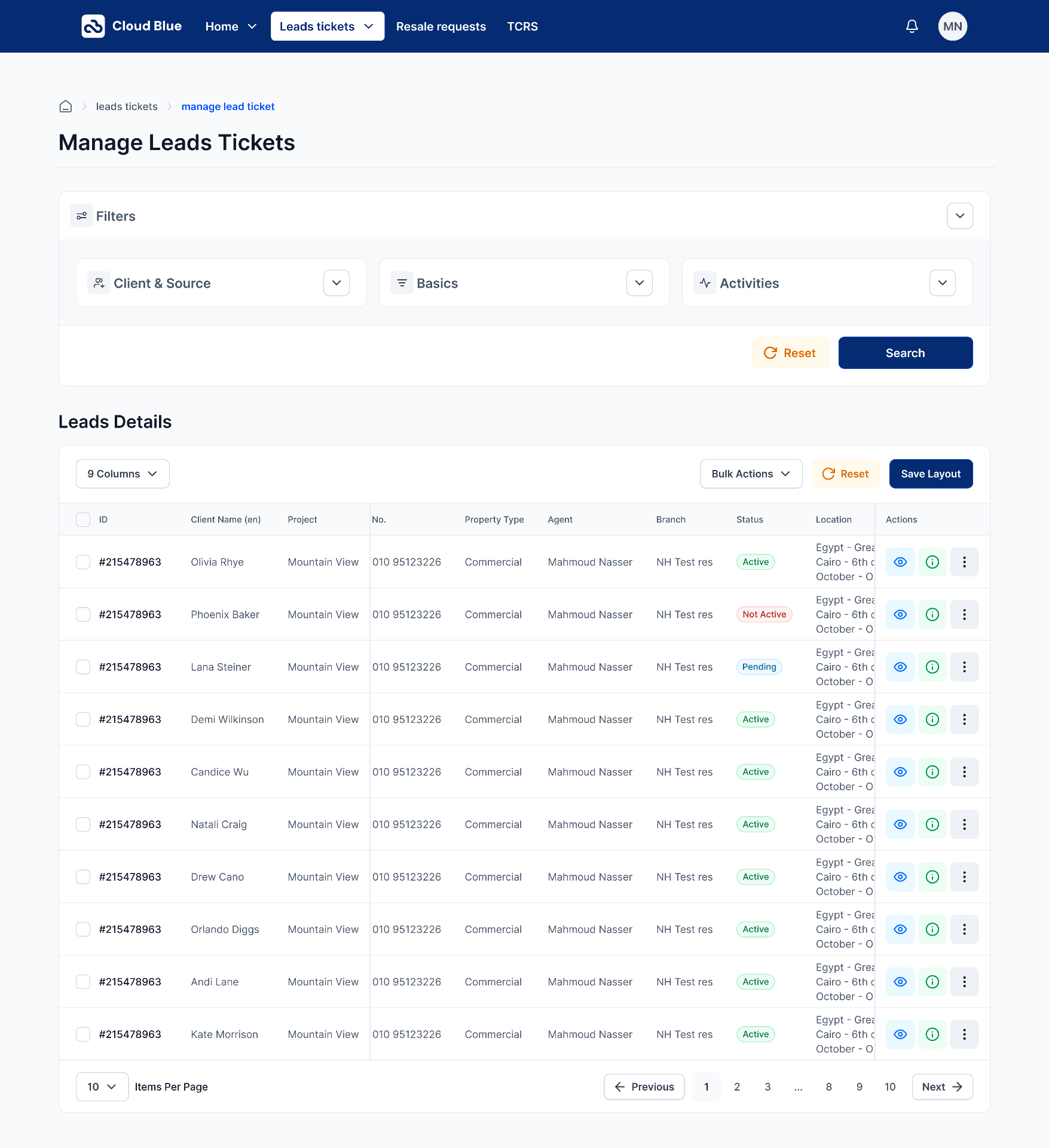 Manage Leads Tickets — closed state. The Filters card collapses to three pills (Client & Source · Basics · Activities) so the working area is the table by default. Leads Details renders nine columns (ID / Client Name (en) / Project / No. / Property Type / Agent / Branch / Status / Location) with Bulk Actions, Reset, and Save Layout in the header, and a 10-per-page pagination with numbered pages and prev/next controls.
