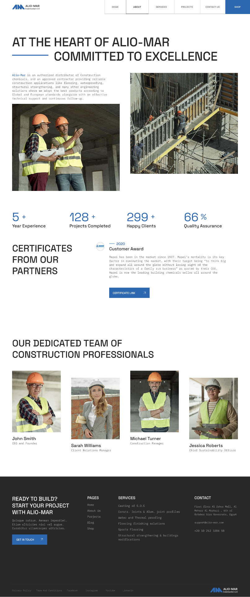 About — the same split-title system ('At the heart of Alio-Mar / committed to excellence'), two-column paragraph + photo intro, the stat row again as a trust anchor, a Certificates block with dated partner awards, and a team grid with role captions.