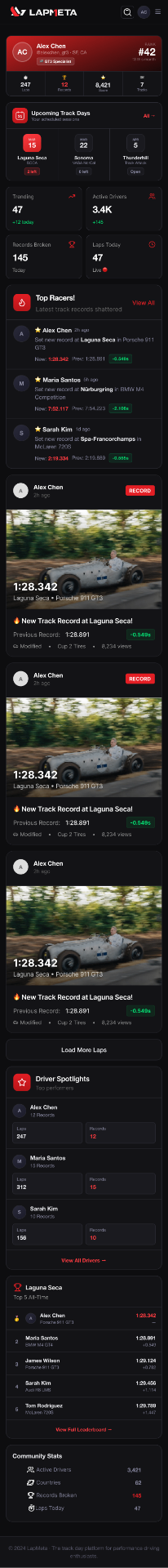 Mobile dashboard — the identity card shrinks to a one-line rank badge (#42, ↑3 this month), and the same four stat tiles sit directly below. Every module from desktop is preserved, just re-stacked.