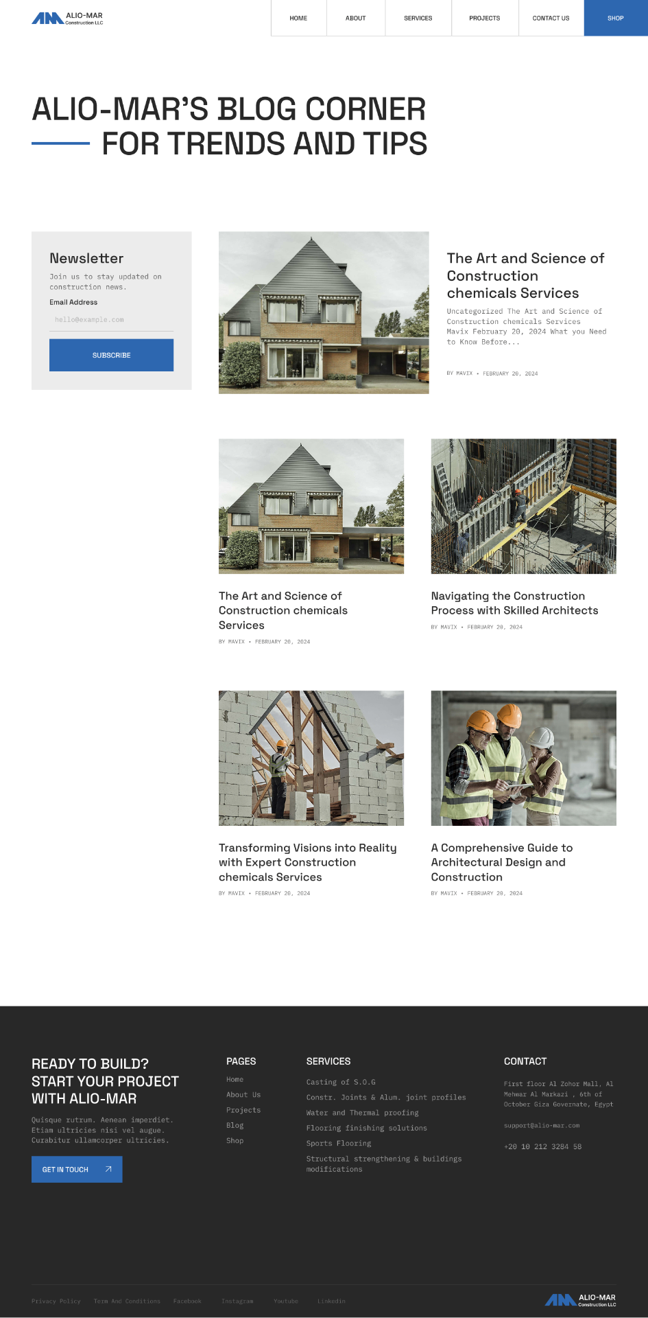 Blog — a two-column feed with a Newsletter capture card pinned top-left, a featured post at the top, and a 2×2 grid of recent posts below. Each card is title-first with a mono byline and date, so scanning stays fast.