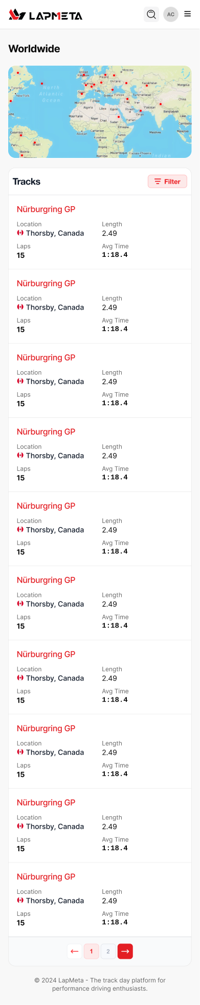Tracks index (mobile, light) — the map compresses to a bordered strip, and each track collapses into a two-column stat card (Location · Length · Laps · Avg Time). Filter stays reachable in the sticky header.