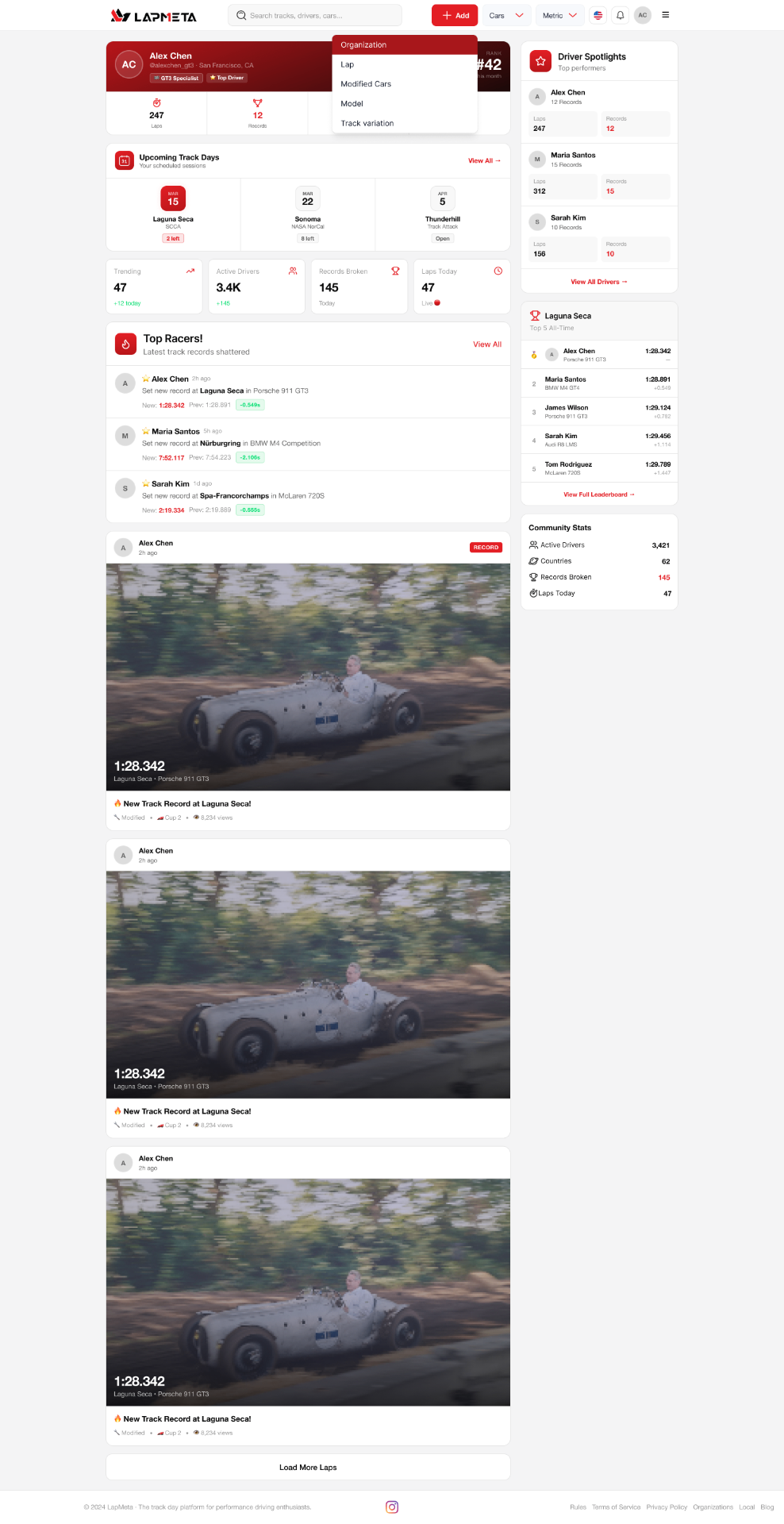 Logged-in dashboard (light) — the same layout on the light theme, showing how one token set carries the identity across modes. The 'Add' menu is open, exposing the five things a driver can log (Organization, Lap, Modified Cars, Model, Track variation).