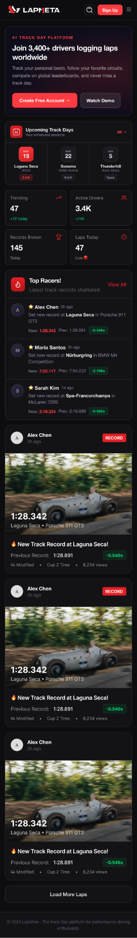Signed-out landing (mobile) — the desktop hero collapses to a single column. Upcoming days become a horizontal three-up, Top Racers keeps the delta chips, and the lap cards fill the viewport with the record badge always in the top-right.