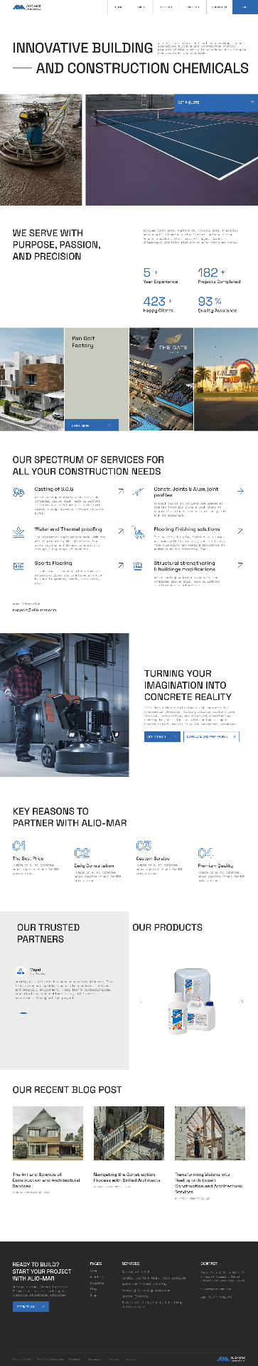 Home — split-title hero ('Innovative building / and construction chemicals'), a two-tile hero pairing an on-site photo with a Get a Quote CTA, the stat row (5+ / 182+ / 423+ / 93%), a services grid, a partner strip, and a recent-posts row. One scroll, the whole company.