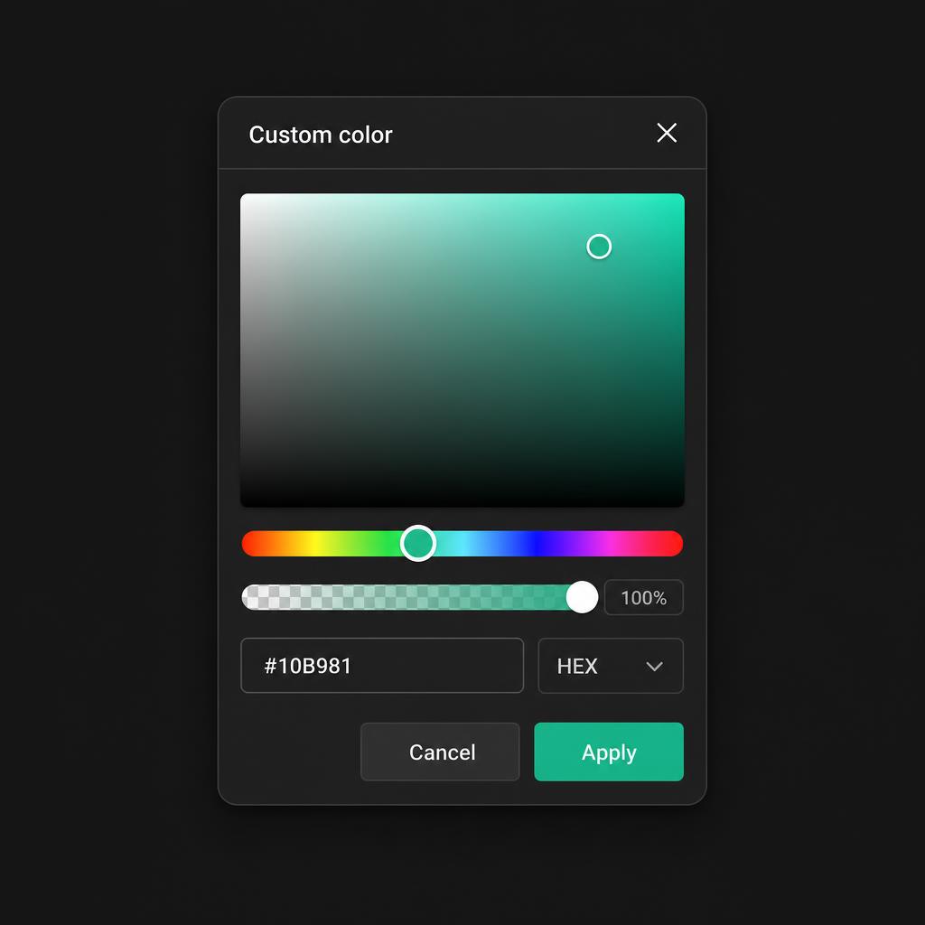 Component — Color picker. Custom color popover with hue, opacity, hex input, and apply / cancel.