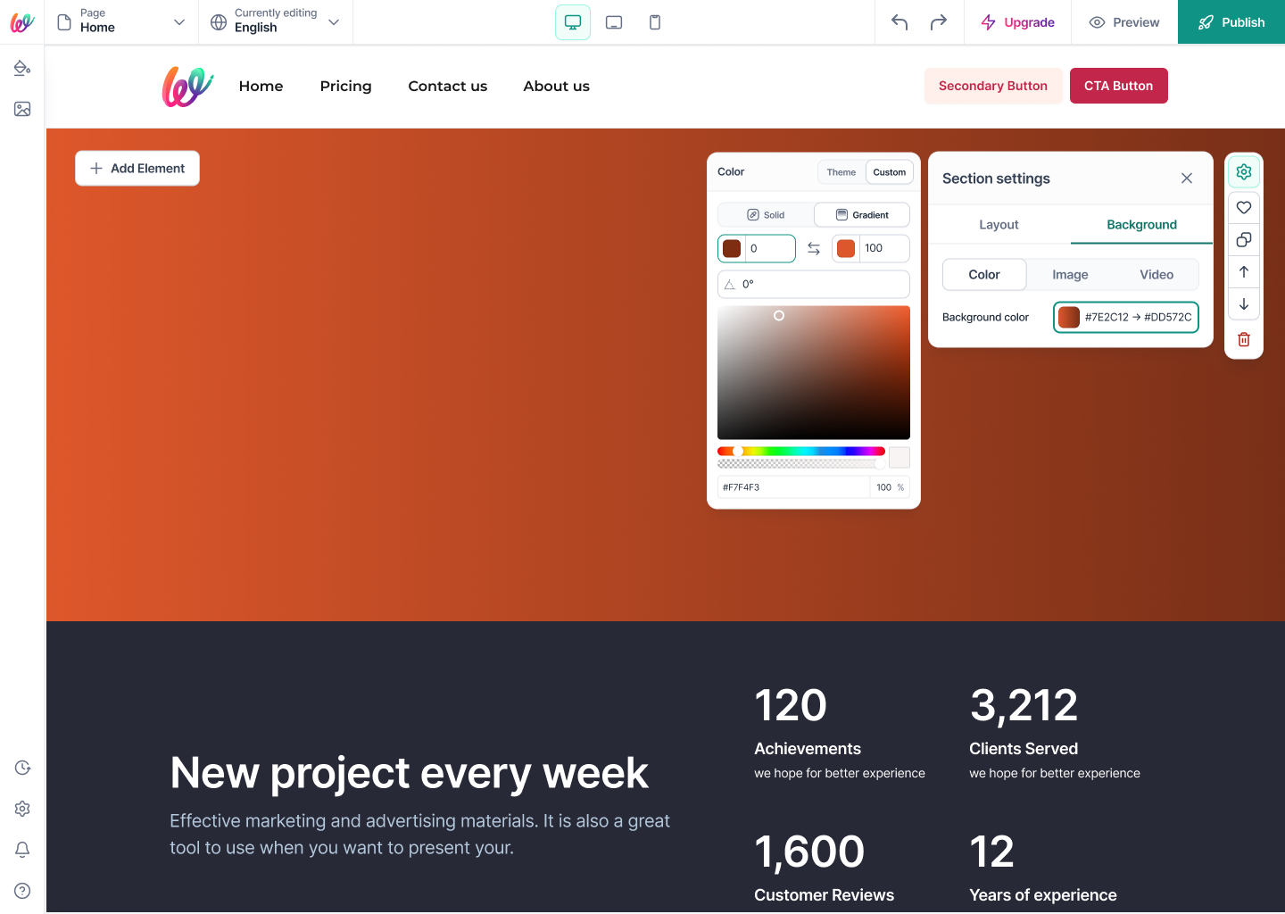 Background · Color · Gradient — two stops, an angle dial, and live preview. Same panel, same mental model as solid color — no separate mode to learn.