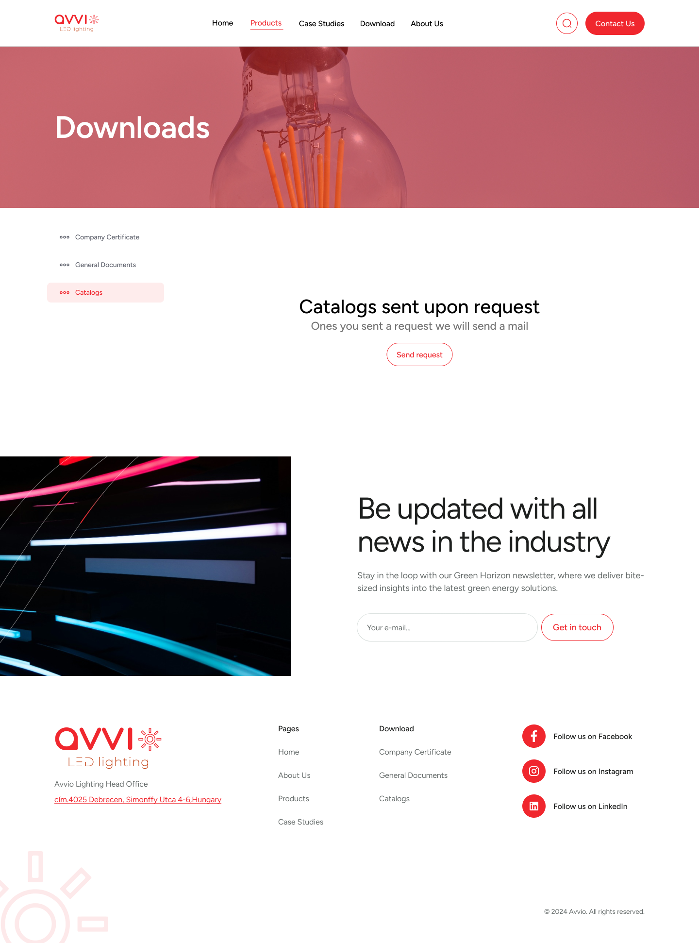 Downloads · Catalogs — the request flow. 'Catalogs sent upon request / Once you send a request we will send a mail' with a single Send Request pill. Full catalogs stay gated to qualified specifiers without breaking the self-serve feel of the other two tabs.