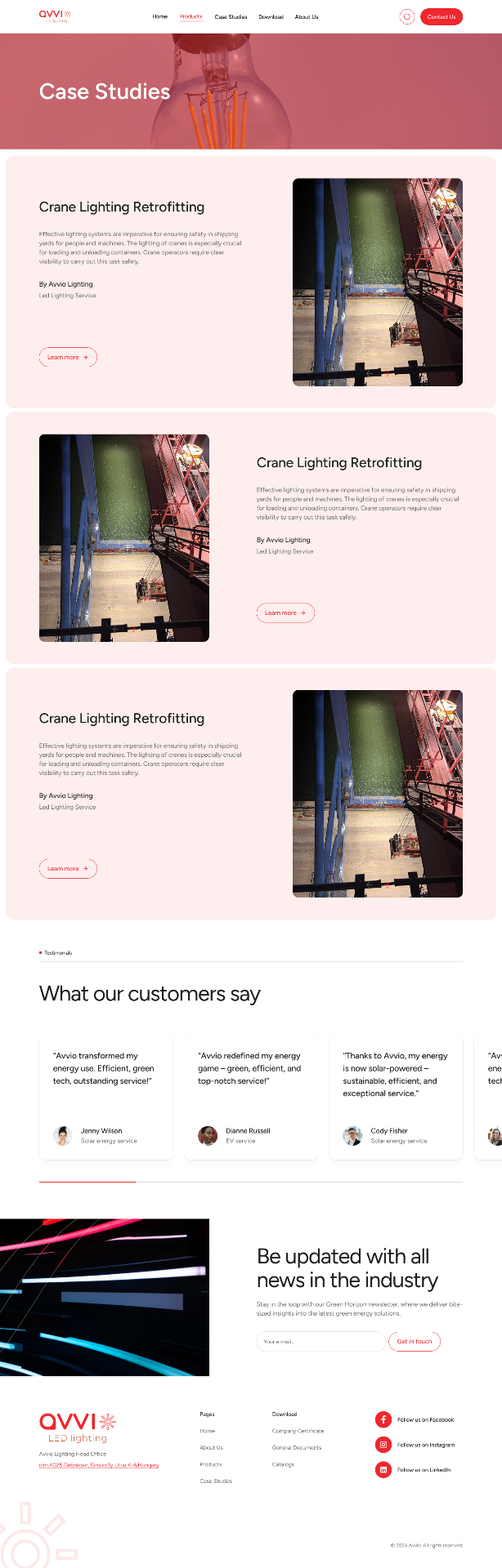 Case Studies index — three alternating cards on a coral tint. Each card pairs a bold title ('Crane Lighting Retrofitting'), a two-paragraph brief, a By Avvio Lighting / Led Lighting Service byline, and a Learn More pill against a real on-site photo of the install. Beneath the cards, the shared testimonials strip and newsletter block.
