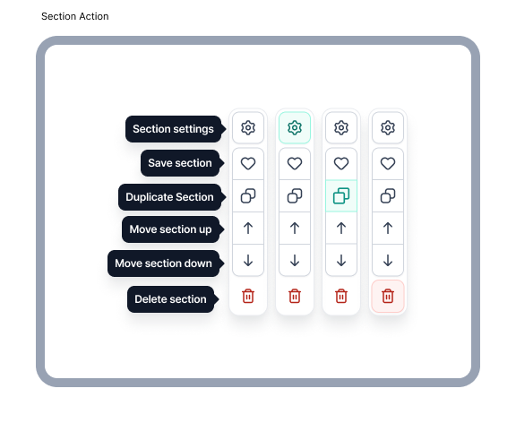 Section Action spec — the exact icon set writers meet on every section, drawn once in Figma so every state (hover, active, destructive) stays consistent across the builder.