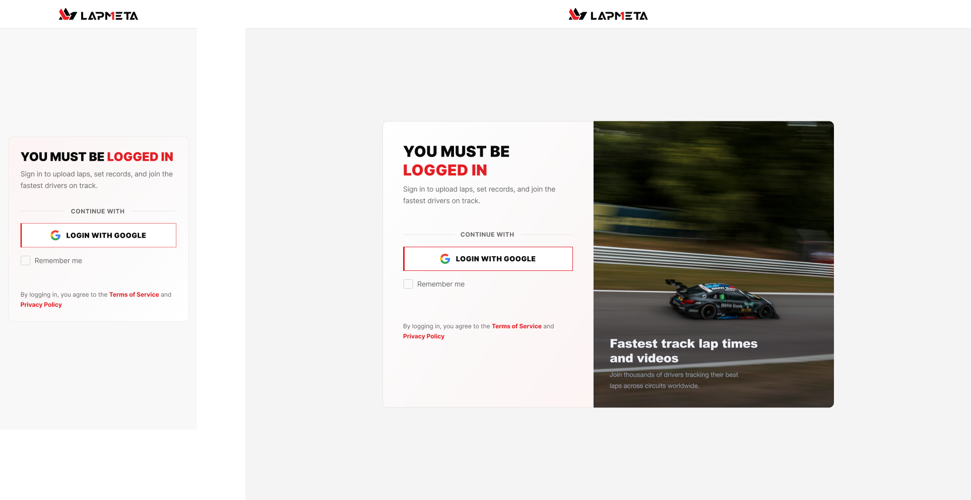 Sign-in (light) — the same sheet on the light theme, plus a compact standalone card variant for narrow viewports. Terms and Privacy stay linked in one line so consent never becomes a wall of text.