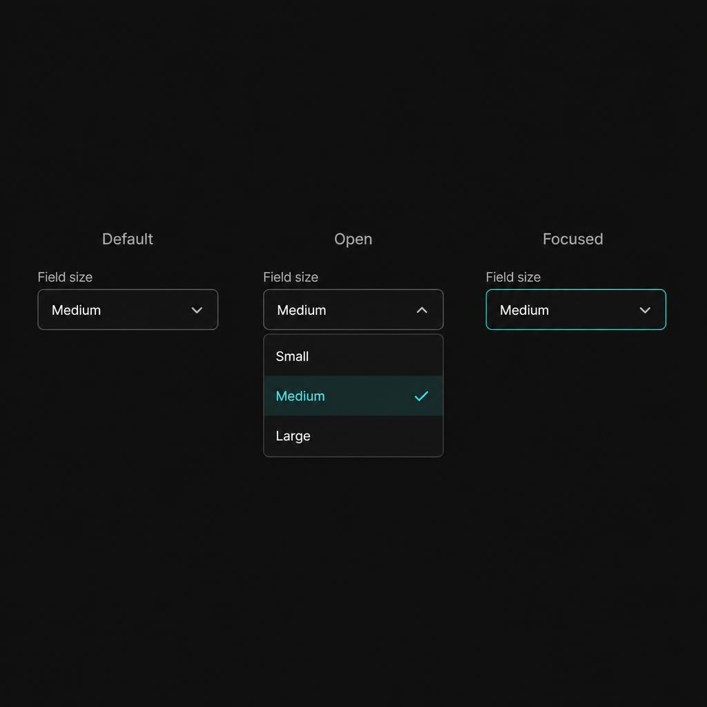 Component — Select. Default, open, and focused states used across every editor panel.