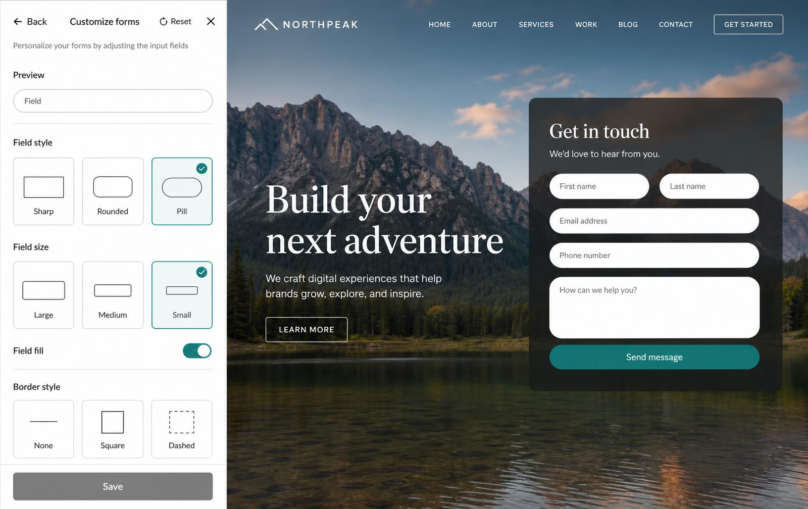 Customize forms — field style (Sharp / Rounded / Pill), size, fill, and border style.