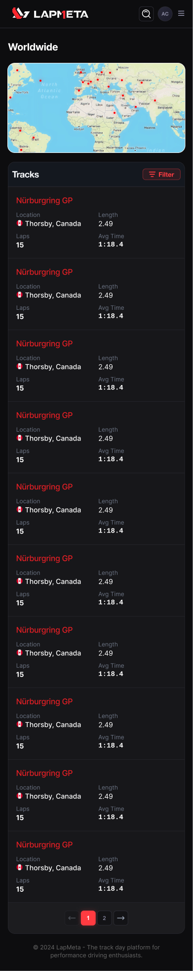 Tracks index (mobile, dark) — same layout, dark theme. The map keeps its color pins for orientation while the surrounding UI drops to true black to save OLED battery in a paddock.