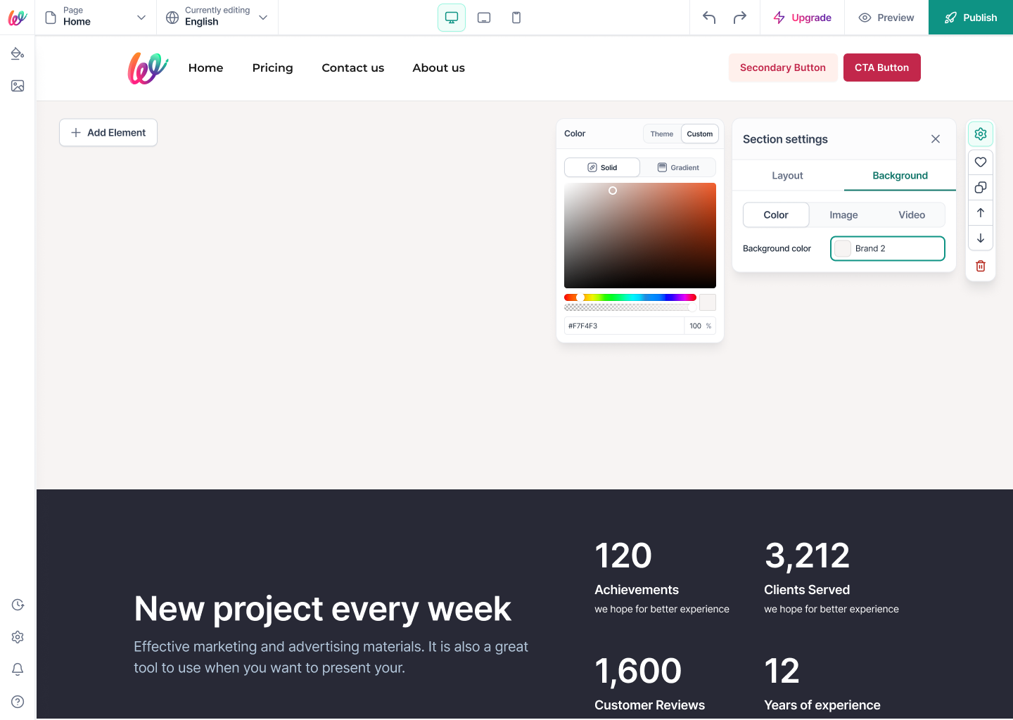 Background · Color · Custom — a full HSV picker with hex + opacity for the rare moment a section needs a one-off color. The escape hatch stays one tap away, never the default.