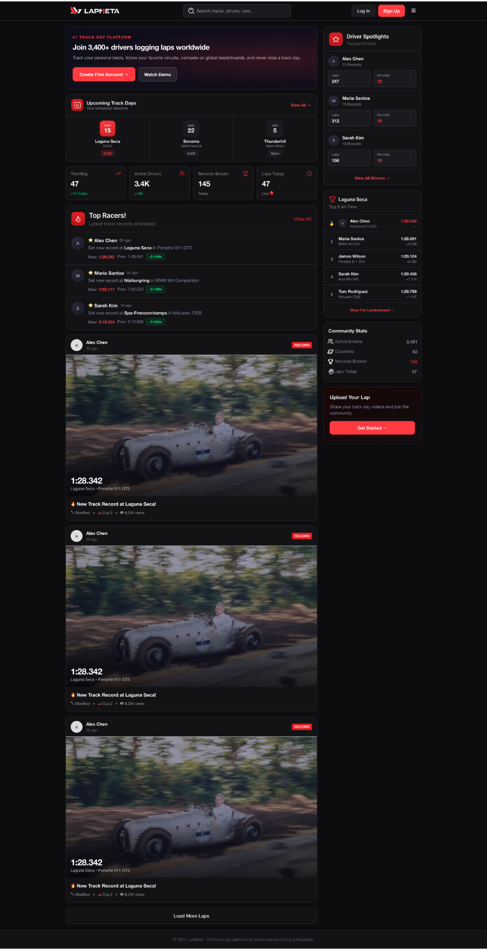 Signed-out landing (dark) — a single hero card leads with the community stat ('Join 3,400+ drivers logging laps worldwide') and two clear actions. Below, Upcoming Track Days and four trend tiles set the pace before the lap feed begins.
