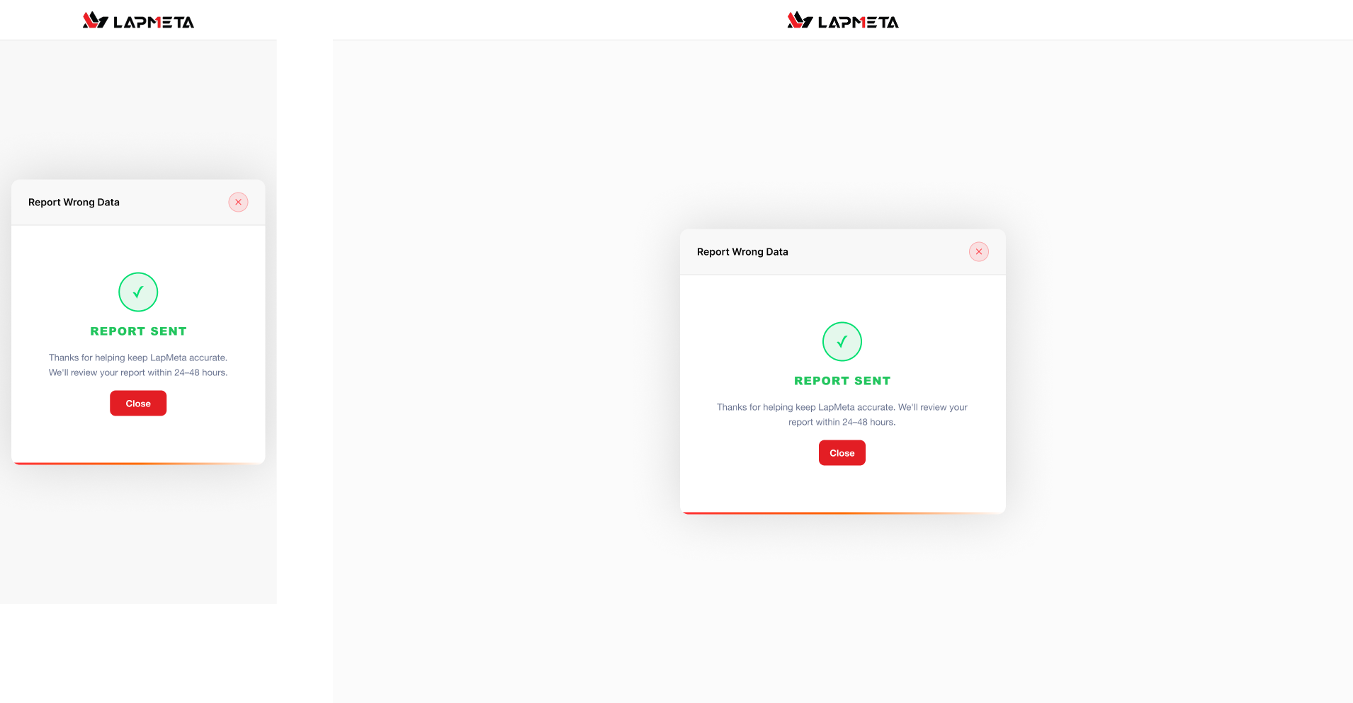 Report Sent confirmation — a calm green check, a two-line thank-you ('Thanks for helping keep LapMeta accurate. We'll review your report within 24–48 hours.'), and a single Close action. Trust in the leaderboard is a feature, not a page.