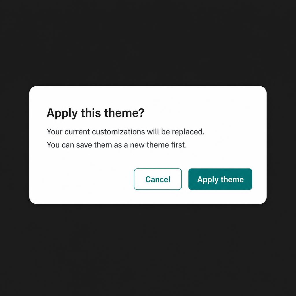 Component — Confirmation modal. Shared pattern for apply, delete, and discard-changes flows.