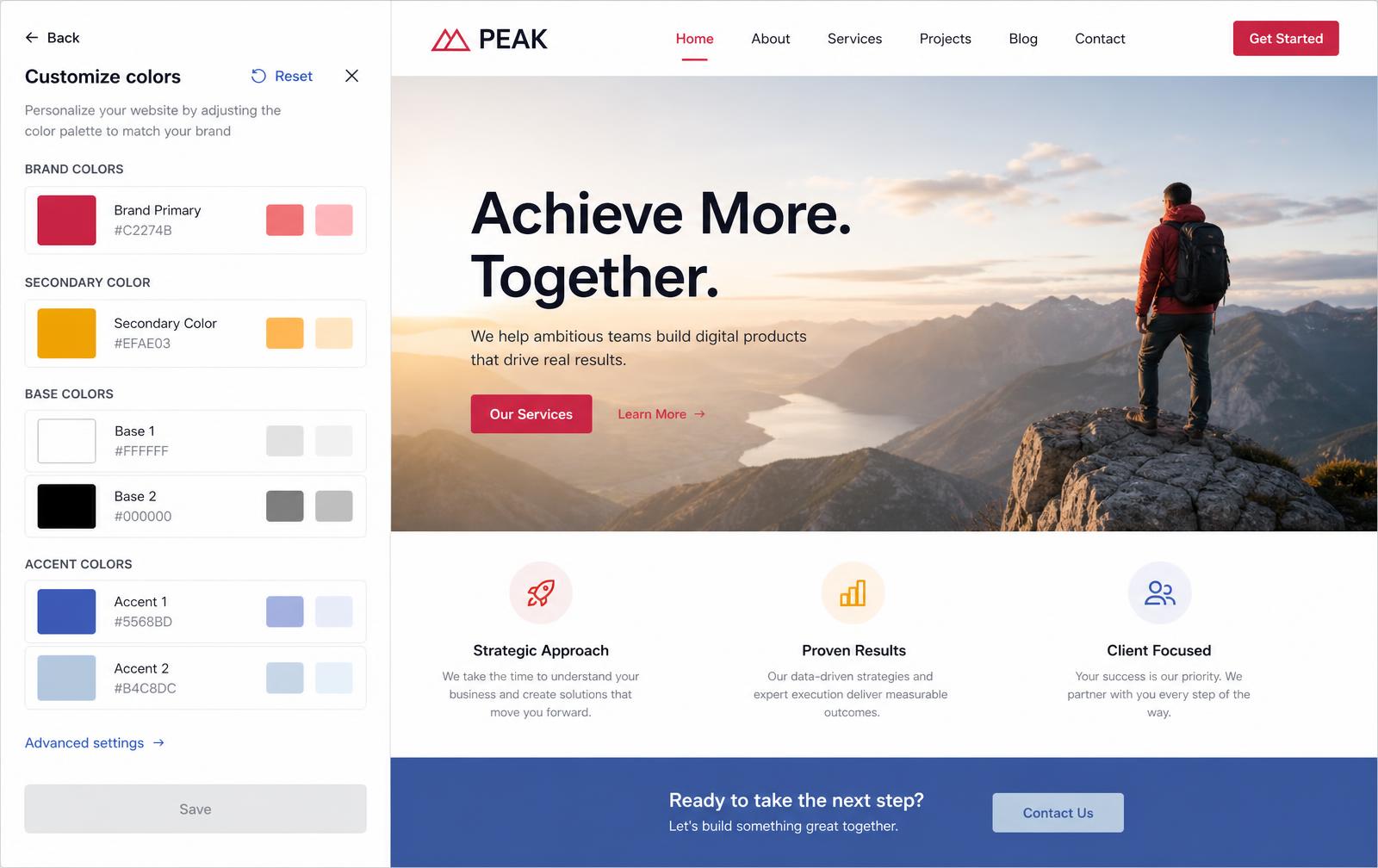 Customize colors — brand, secondary, base, and accent groups, each with generated shades.