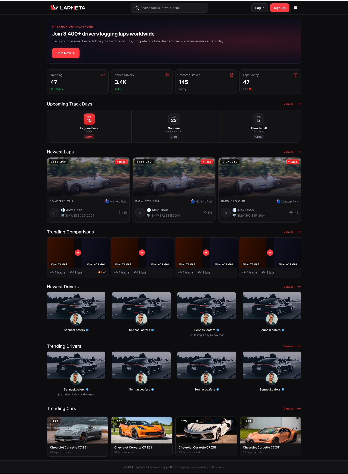 Signed-out landing (dark, extended) — Newest Laps, Trending Comparisons (car vs. car), Newest and Trending Drivers, and Trending Cars. Every card follows the same anatomy: media on top, title, meta row, stat delta.
