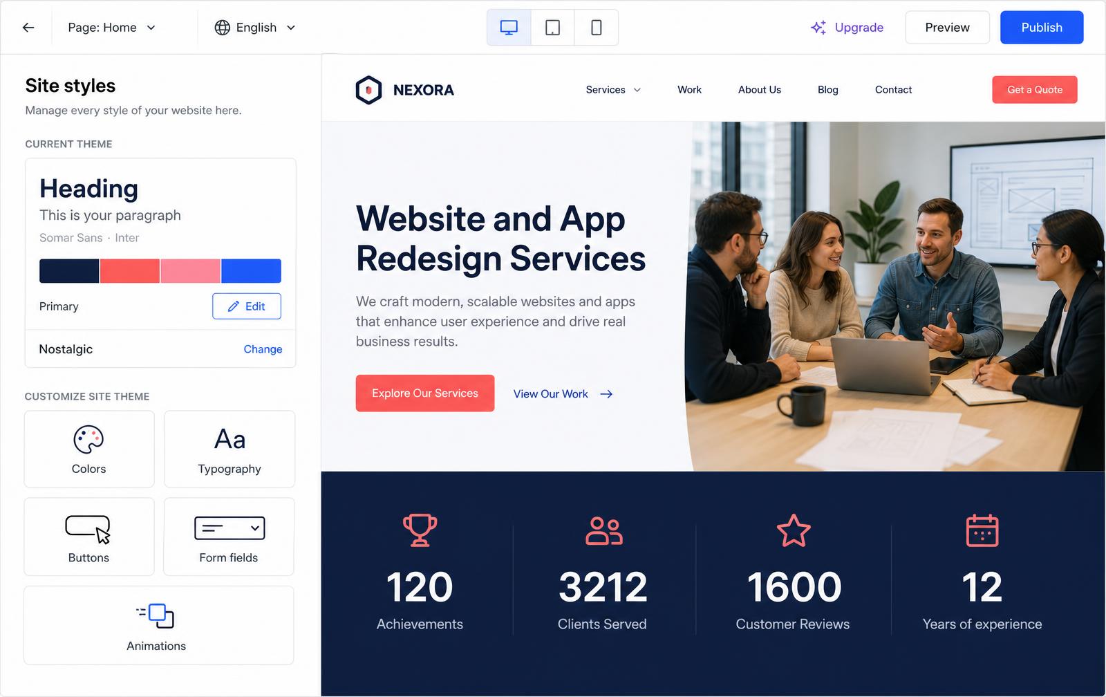 Site styles — the entry surface. Current theme card plus tiles for Colors, Typography, Buttons, Forms, Animations.