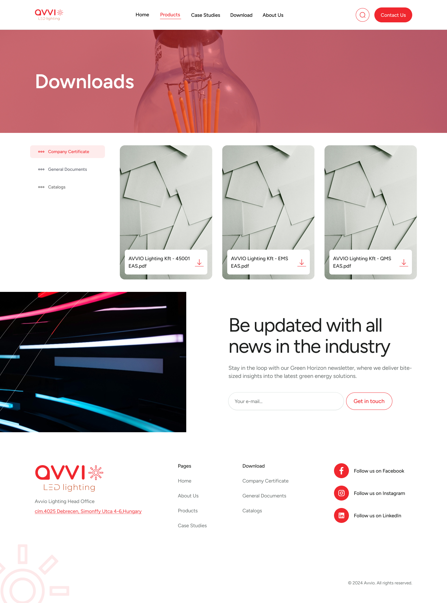 Downloads · Company Certificate — three certificate cards (AVVIO Lighting Kft — 45001 EAS, EMS EAS, QMS EAS) rendered as folded-paper photography with a filename plate and a red arrow-down download button. The Downloads center uses the same coral hero as Case Studies for continuity.