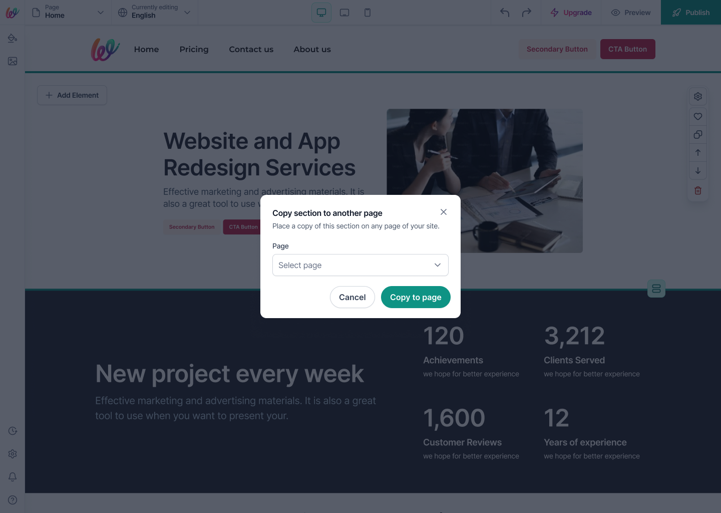 Copy section to another page — a two-field modal (pick page → confirm) that turns a common power-user need into a one-minute task instead of a rebuild.