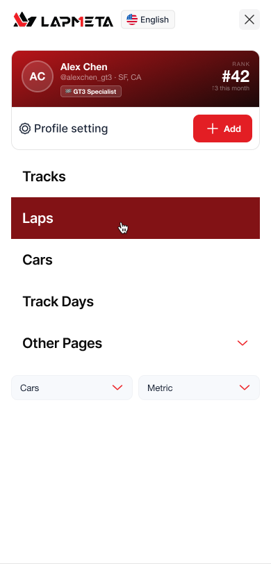 Mobile drawer nav — 'Profile setting' is one tap, primary pages are stacked as full-width targets, and cars / metric preferences live as inline selects at the bottom. Language toggle stays in the header.