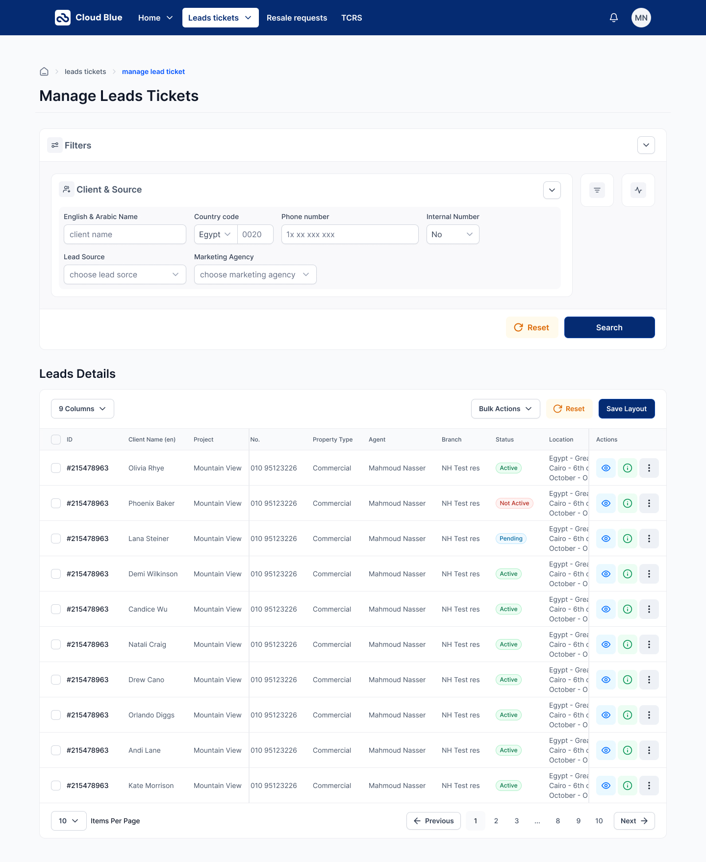 Manage Leads Tickets — Client & Source filter open. Six fields in a two-row grid: English & Arabic Name, Country code (Egypt / 0020), Phone number, Internal Number toggle, Lead Source, and Marketing Agency. Reset and Search sit right-aligned. The other two groups stay collapsed to their icons on the left rail.