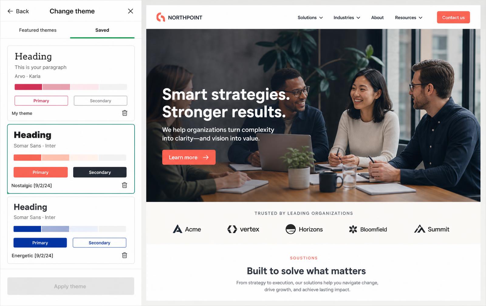 Change theme — featured themes and the user's saved themes, with delete and apply actions.