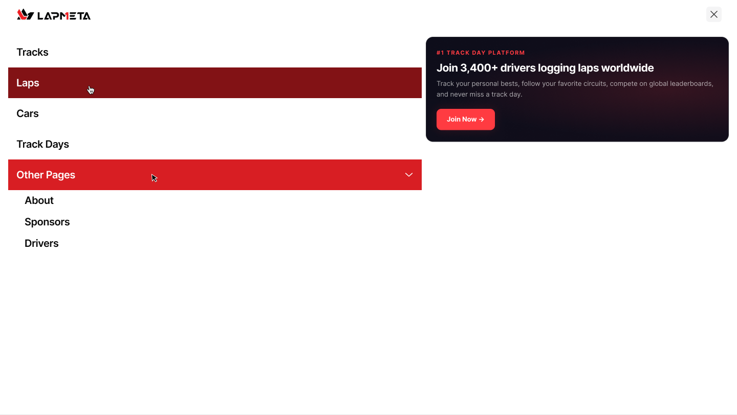 Full-screen navigation with promo — the same overlay swaps the driver card for a 'Join 3,400+ drivers' promo panel when the visitor is signed out. One layout, two states, zero re-design.