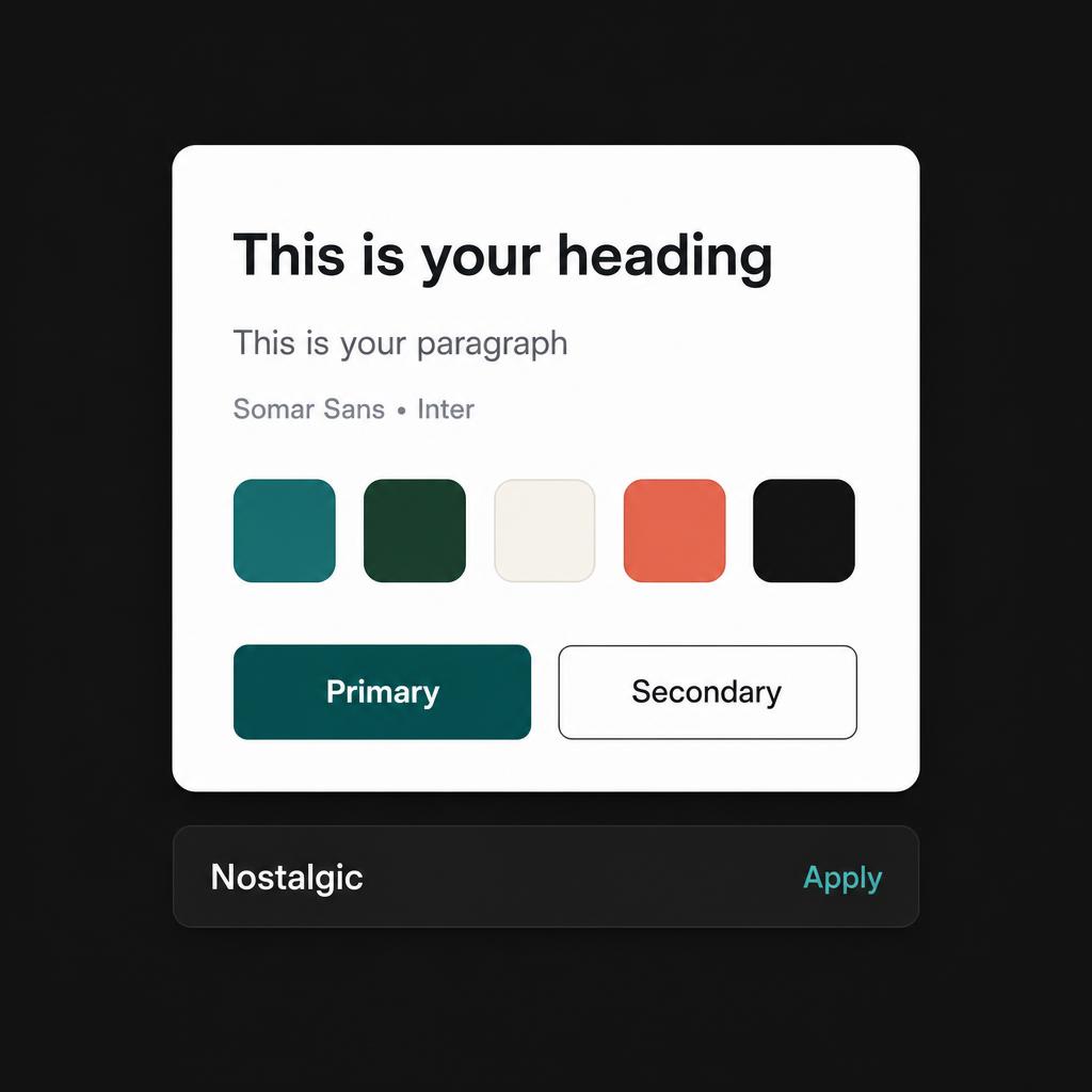 Component — Theme card. Shared preview of heading, paragraph, palette, and buttons across every theme.