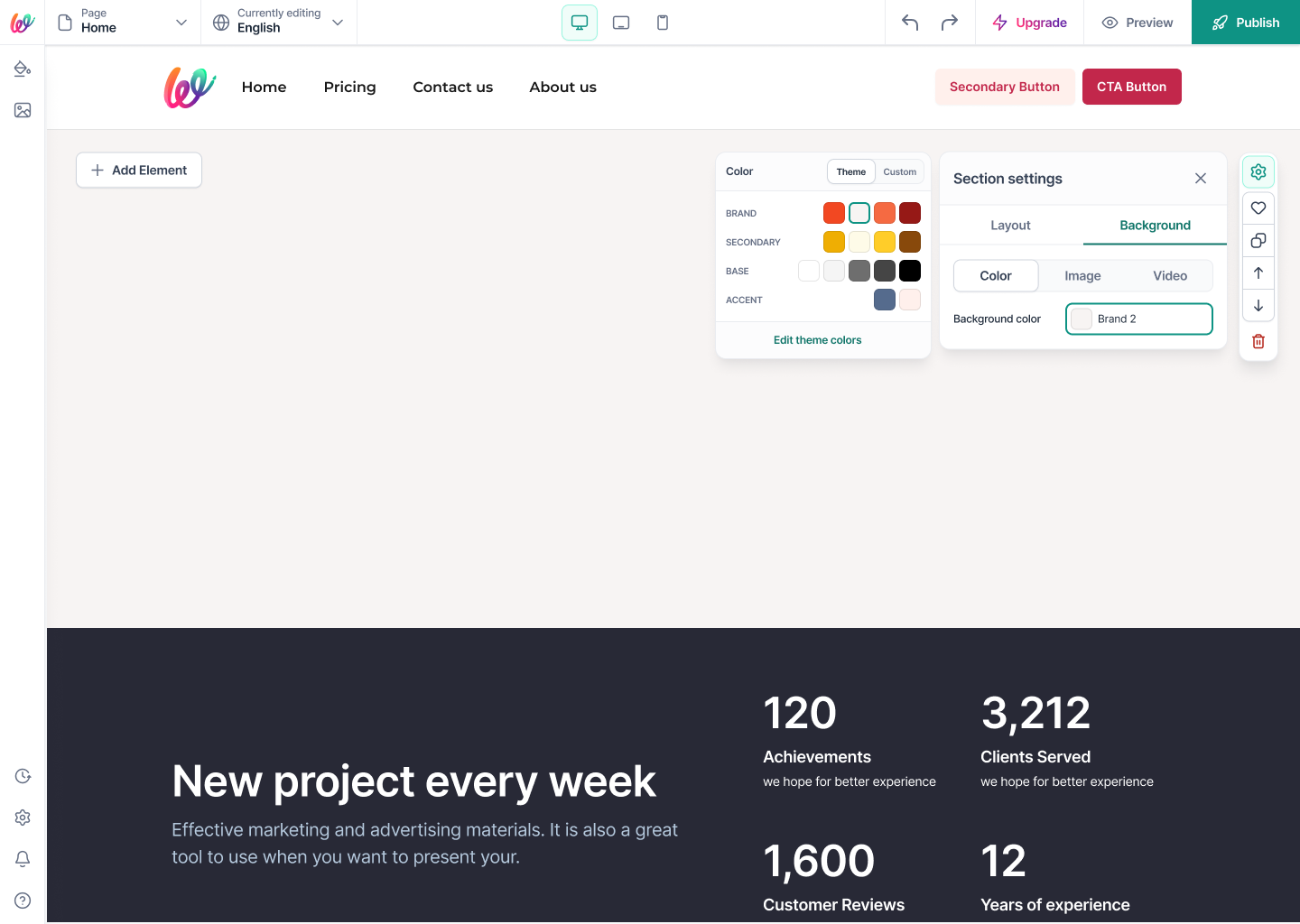 Background · Color · Theme — Brand, Secondary, Base, and Accent swatches sourced directly from Site Styles. Change a token upstream and every section using it updates in place.