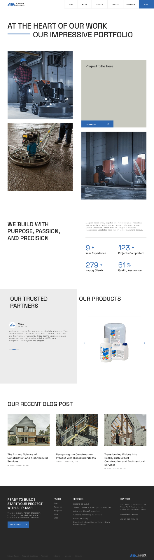 Projects — the portfolio grid. Alternating photo tiles with a highlighted 'Project title here' card that carries a Learn More CTA. The stat row reappears, followed by a Partners testimonial and an Our Products slot for datasheet-quality product visuals.