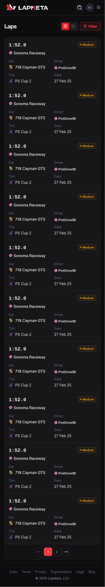 Laps index (mobile, dark) — identical anatomy, dark theme, with the compound chip in warm amber for at-a-glance tire scanning. The whole list is thumb-scrollable from the paddock.
