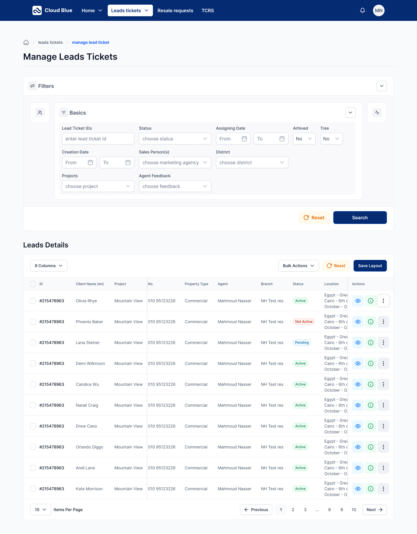 Manage Leads Tickets — Basics filter open. Nine fields in a three-row grid: Lead Ticket IDs, Status, Assigning Date (From / To), Archived, Tree, Creation Date (From / To), Sales Person(s), District, Projects, and Agent Feedback — every date field paired with a calendar icon so range picks stay predictable.